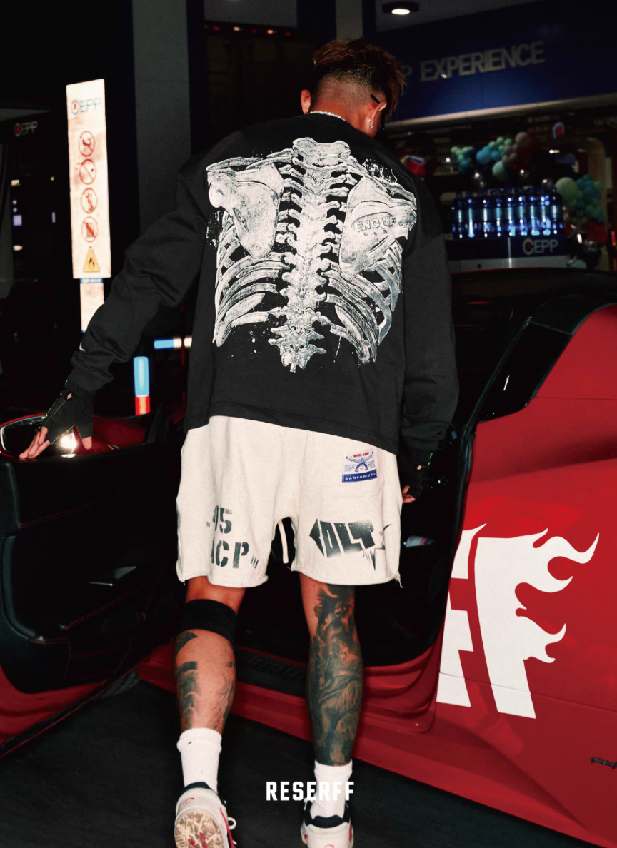Vintage Crack Print Long Sleeve T-Shirt BLK