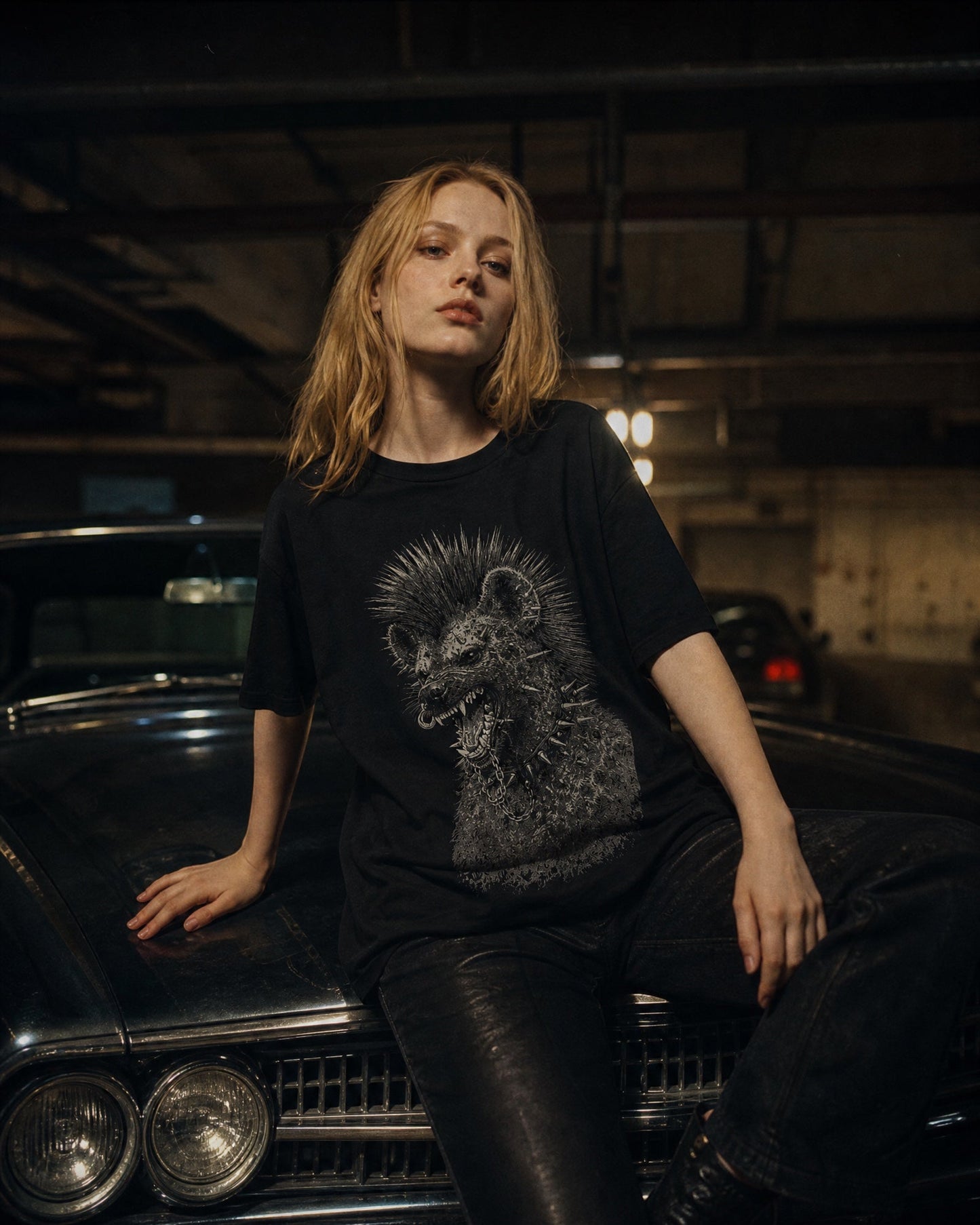ANTIPROMINDのハイエナグラフィックがプリントされた黒のコットン天竺Tシャツを着用したモデル