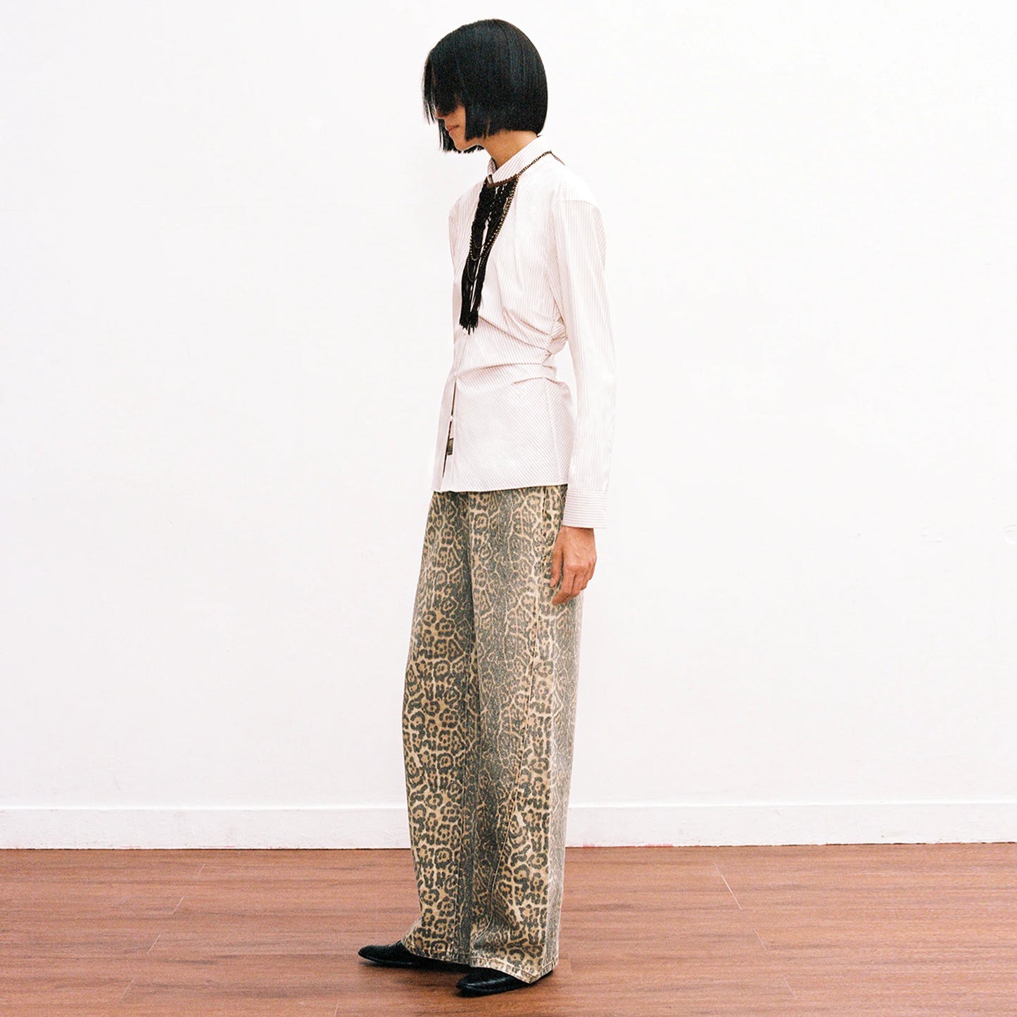 Leopard Print Distressed Denim Wide-Leg Pants