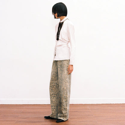 Leopard Print Distressed Denim Wide-Leg Pants