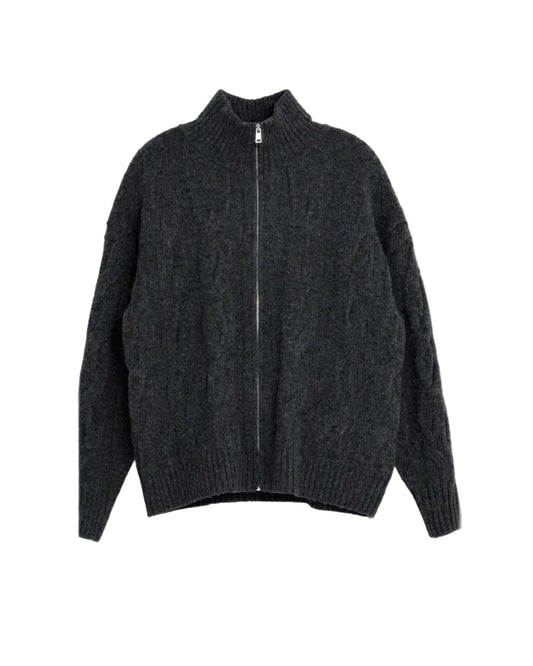 High-Neck Cable Knit Sweater D.GRY