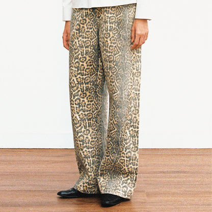 Leopard Print Distressed Denim Wide-Leg Pants