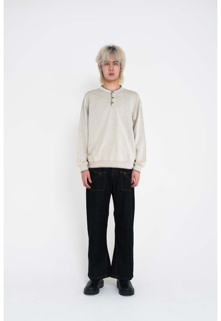 Hand-Stitched Henley Neck Knit Sweatshirt