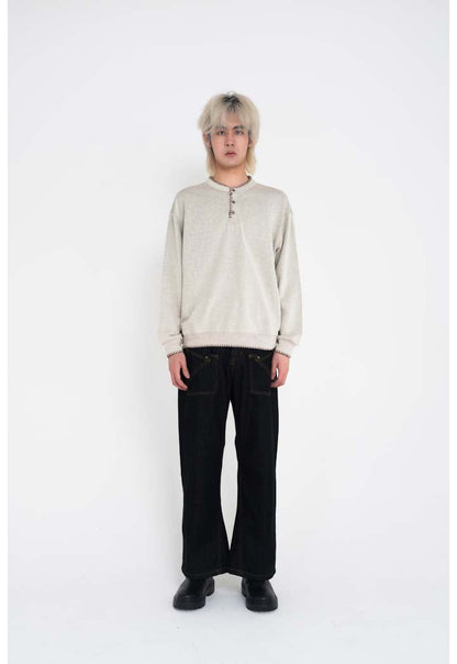 Hand-Stitched Henley Neck Knit Sweatshirt