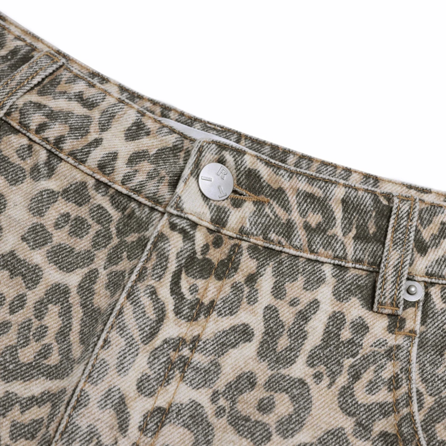 Leopard Print Distressed Denim Wide-Leg Pants