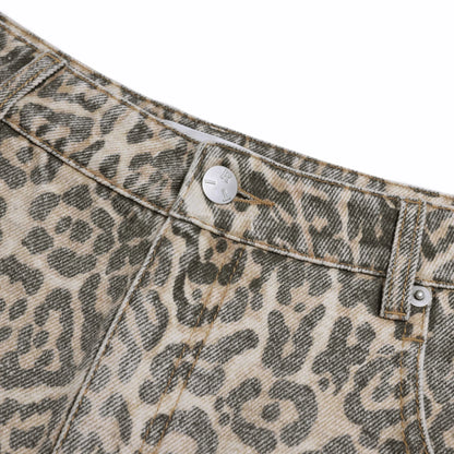 Leopard Print Distressed Denim Wide-Leg Pants
