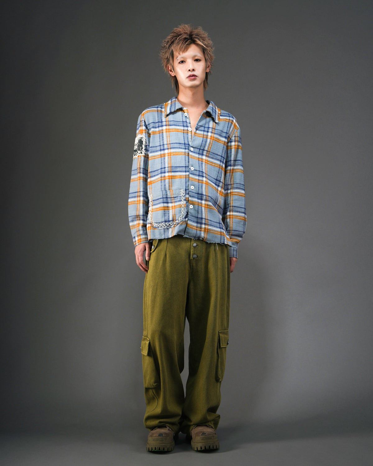 Distressed Handmade Patchwork Check Shirt BLU