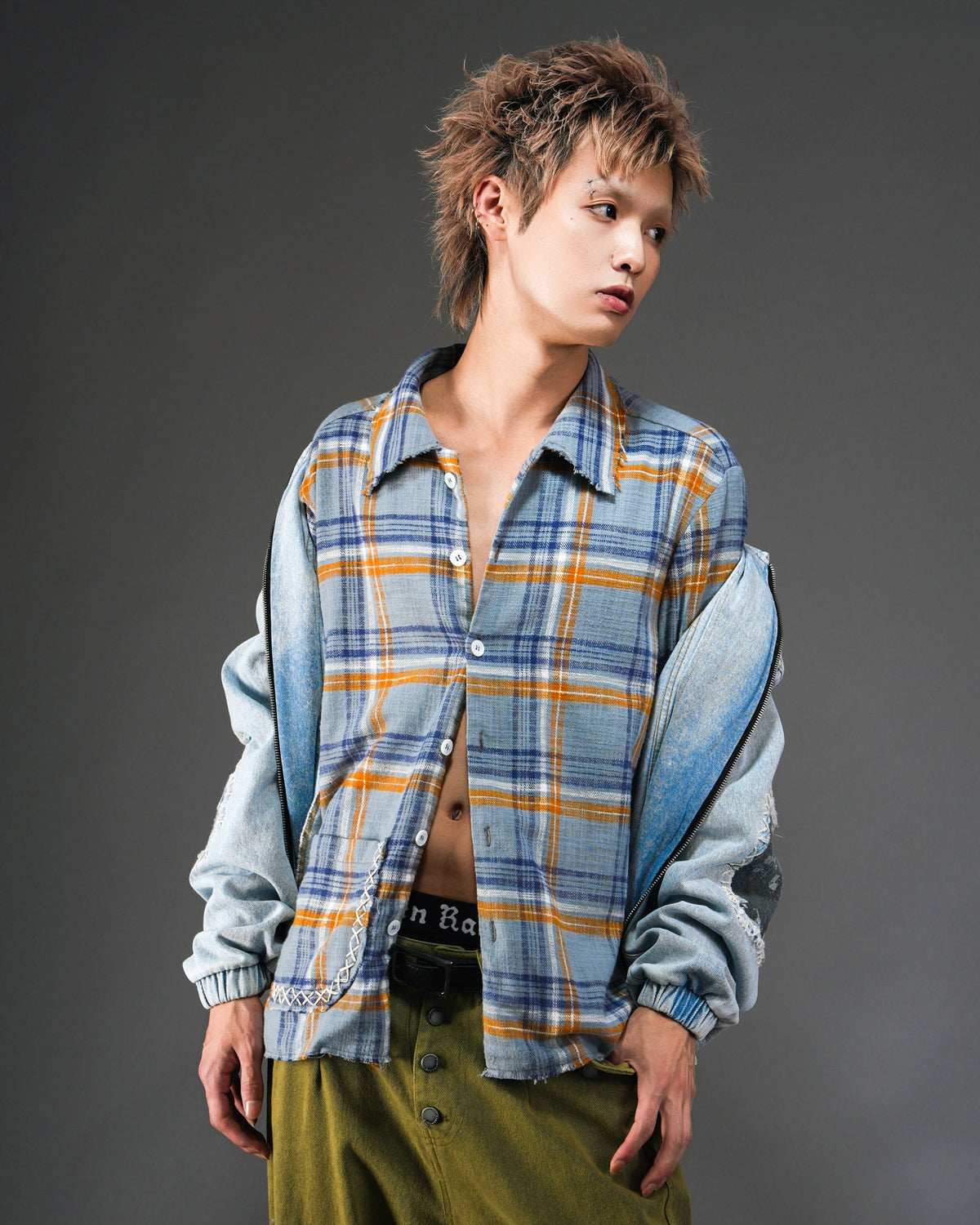 Distressed Handmade Patchwork Check Shirt BLU