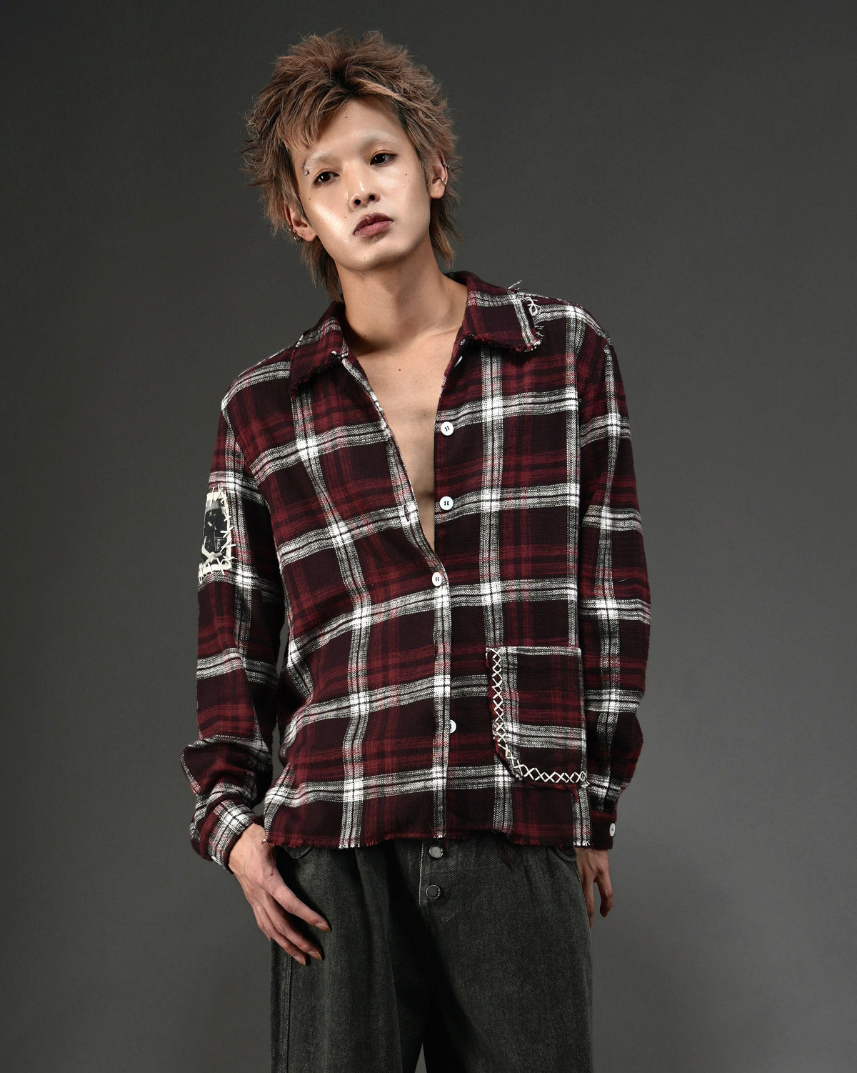 Distressed Handmade Patchwork Check Shirt RED
