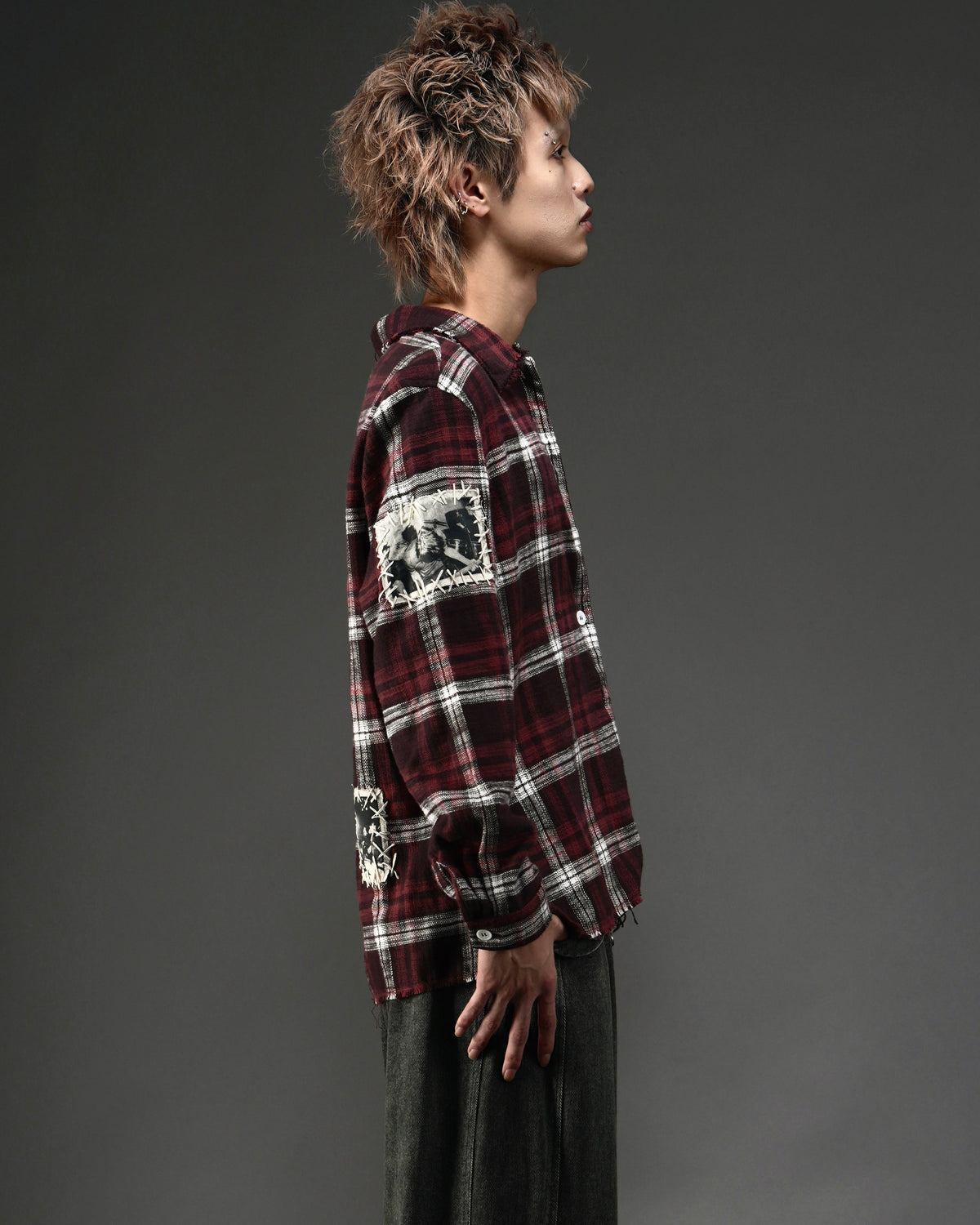 Distressed Handmade Patchwork Check Shirt RED