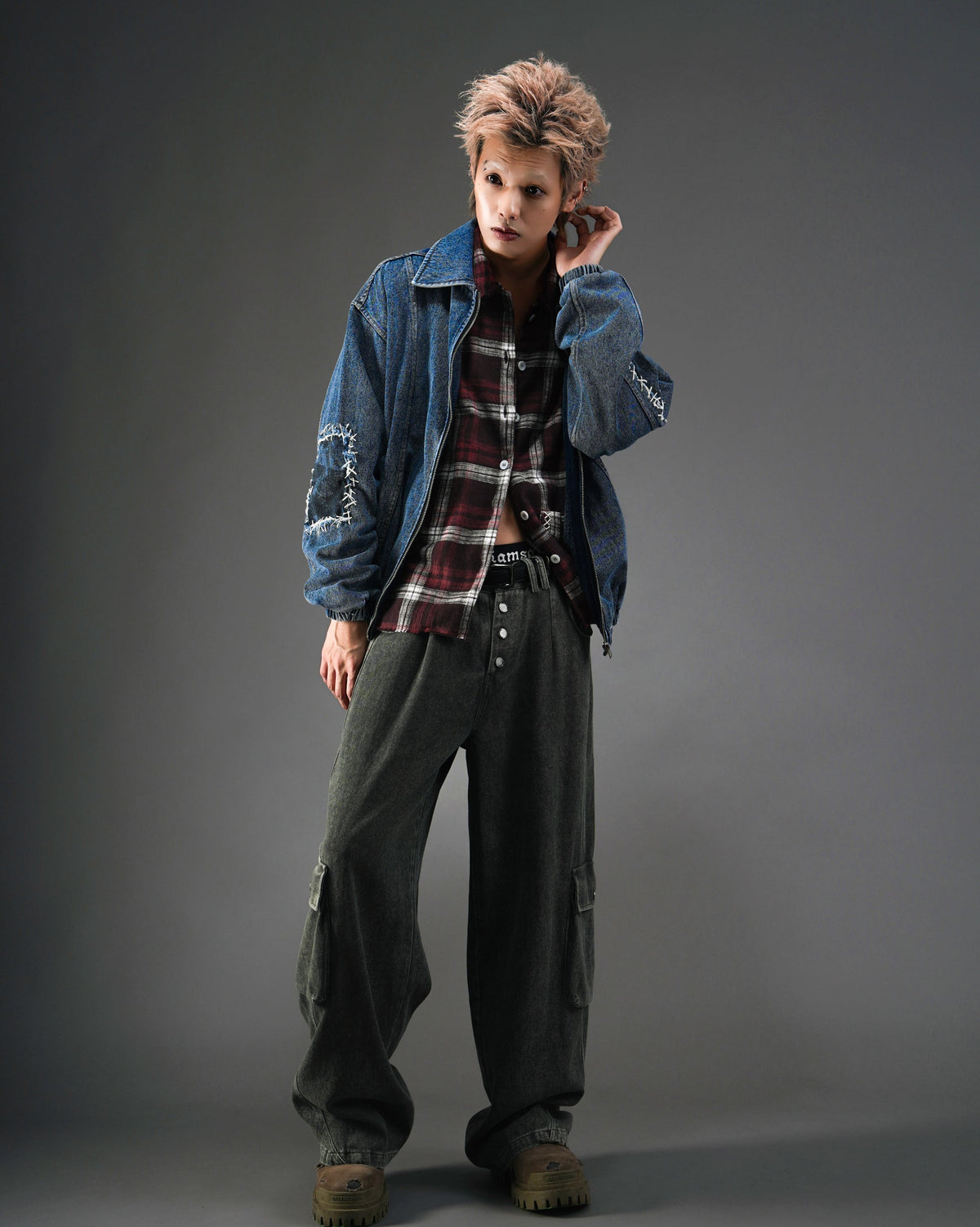 Washed Distressed Panelled Denim Jacket NVY