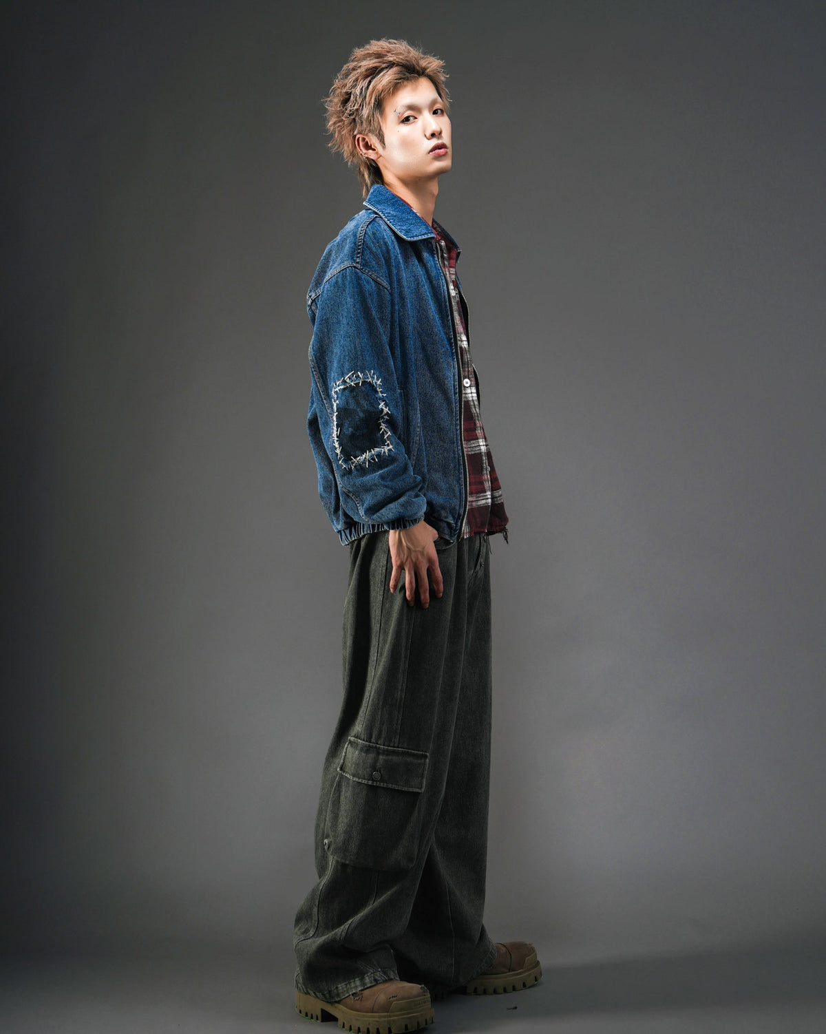 Washed Distressed Panelled Denim Jacket NVY
