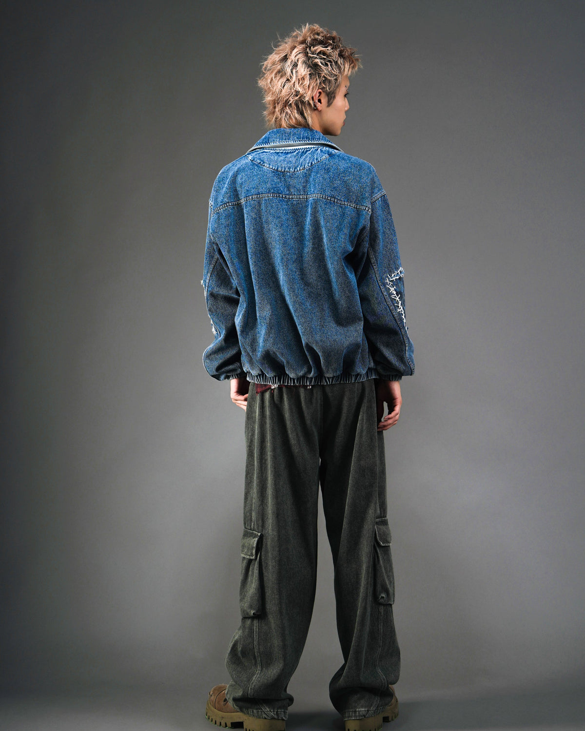 Washed Distressed Panelled Denim Jacket NVY