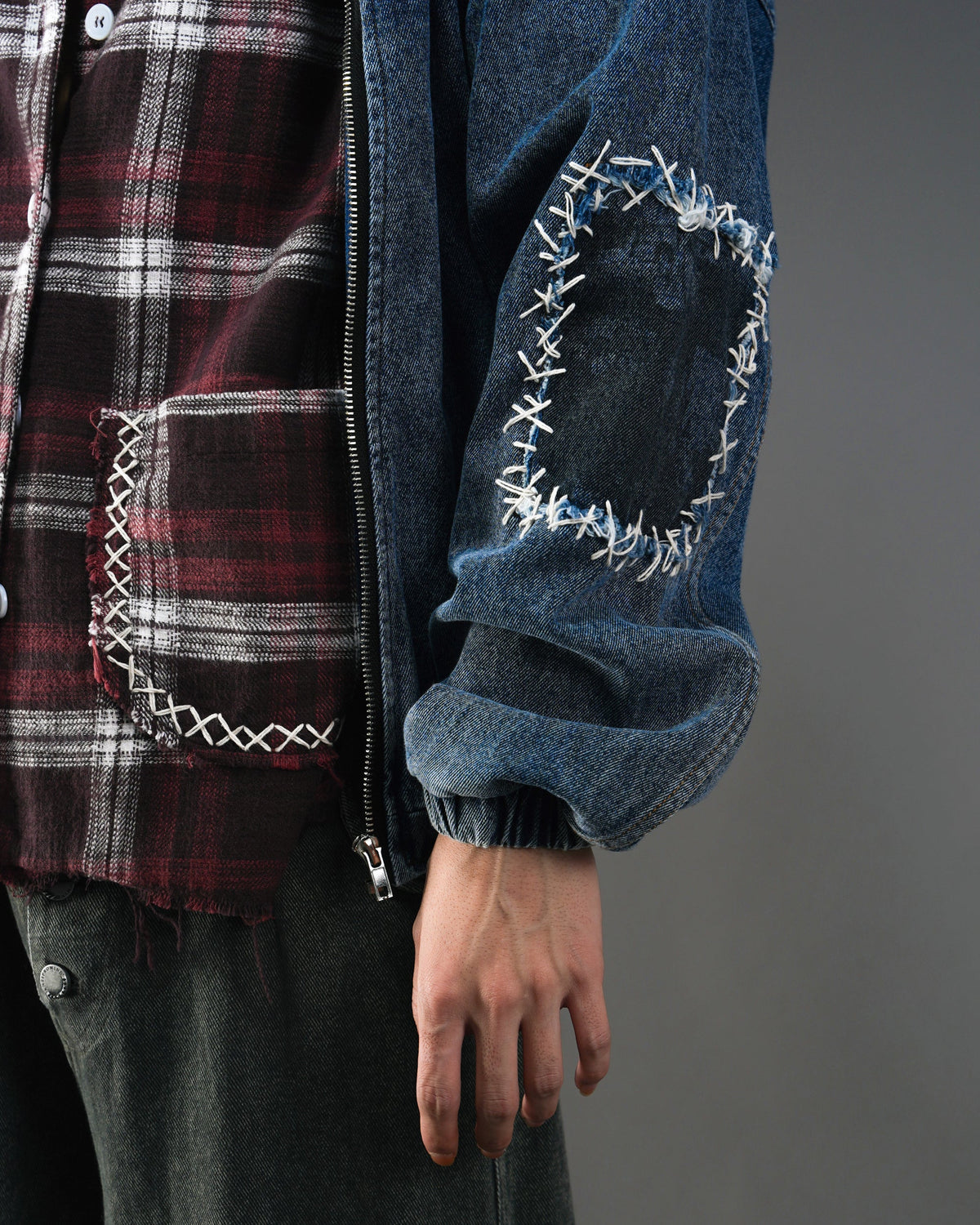 Washed Distressed Panelled Denim Jacket NVY