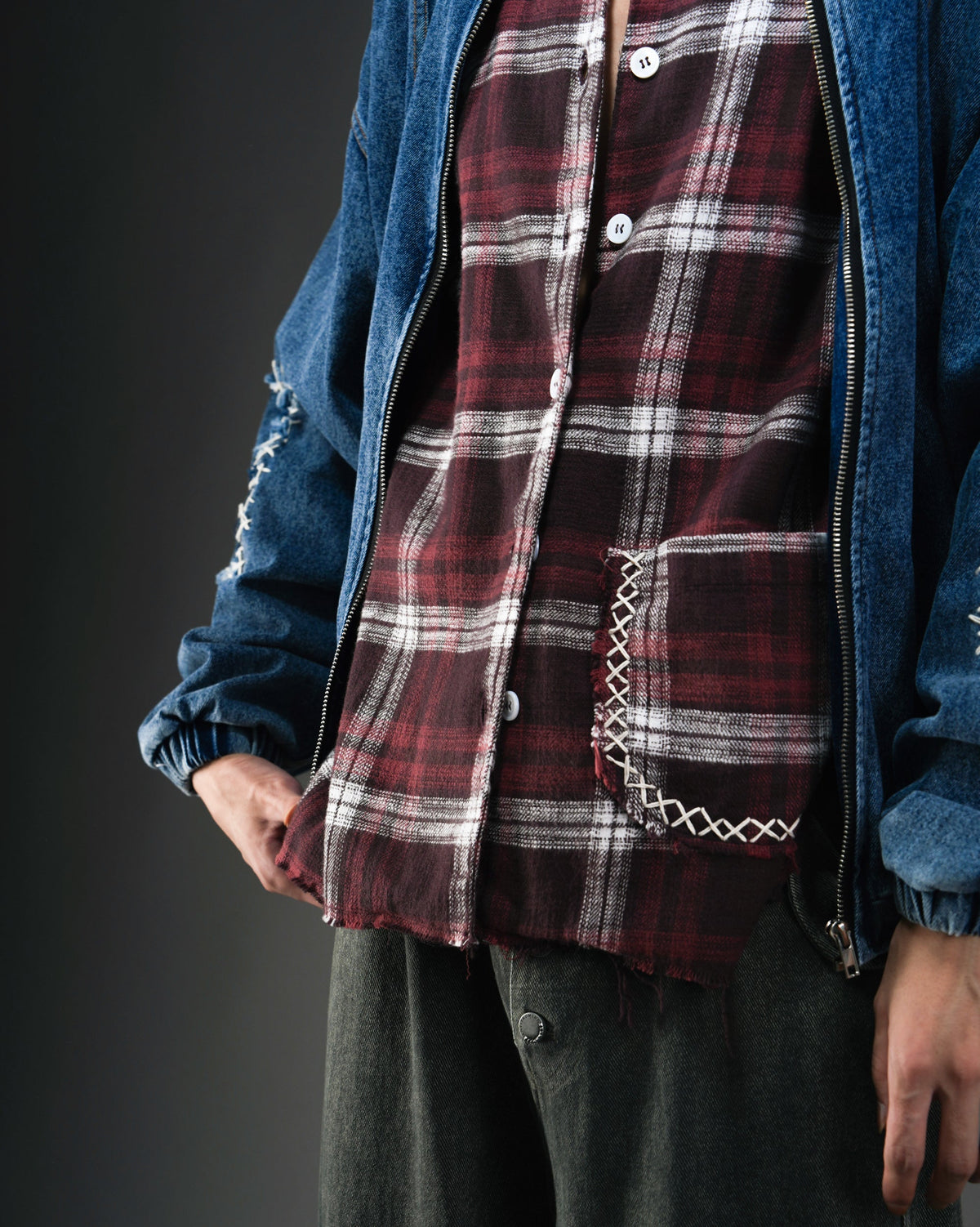 Distressed Handmade Patchwork Check Shirt RED