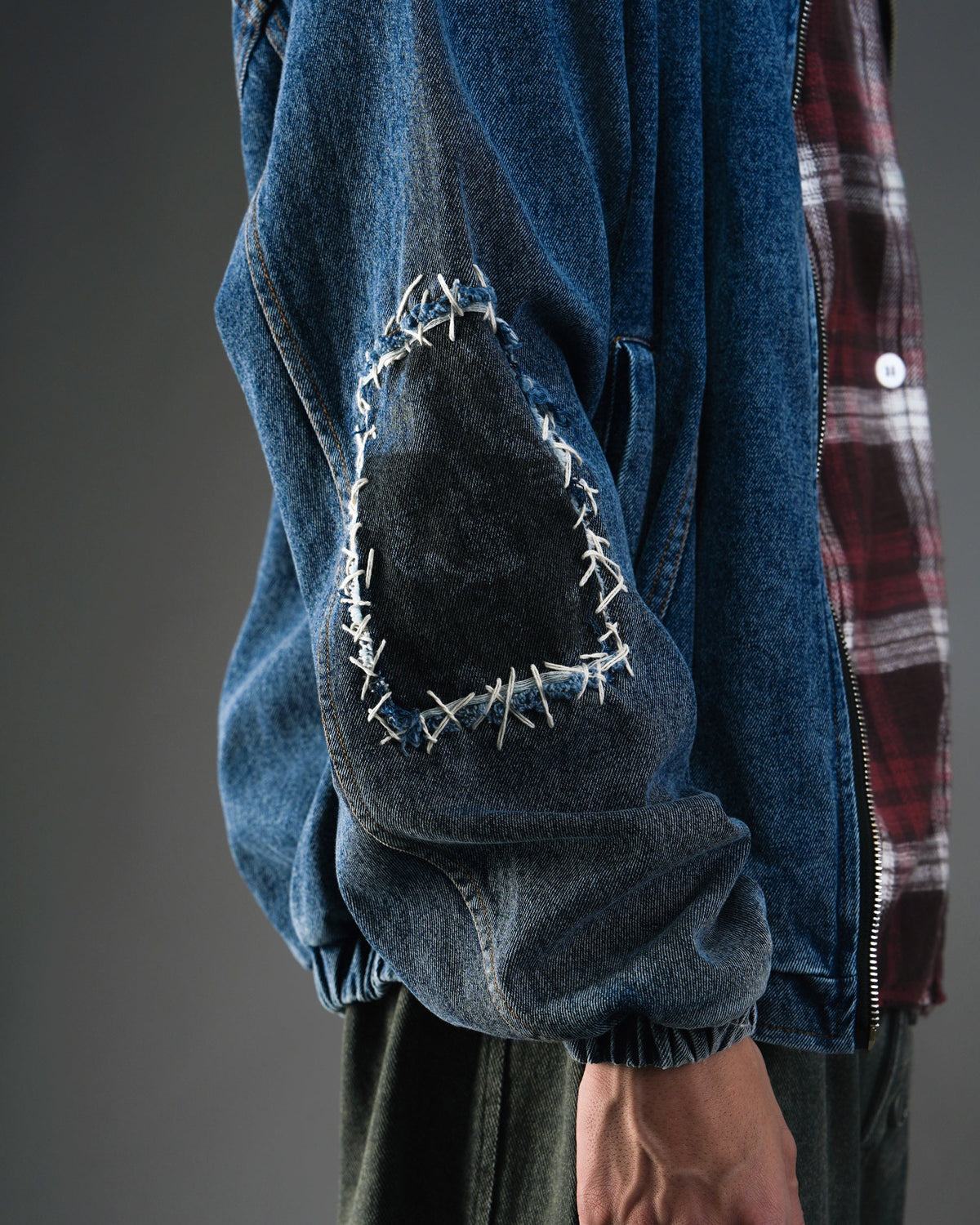 Washed Distressed Panelled Denim Jacket NVY