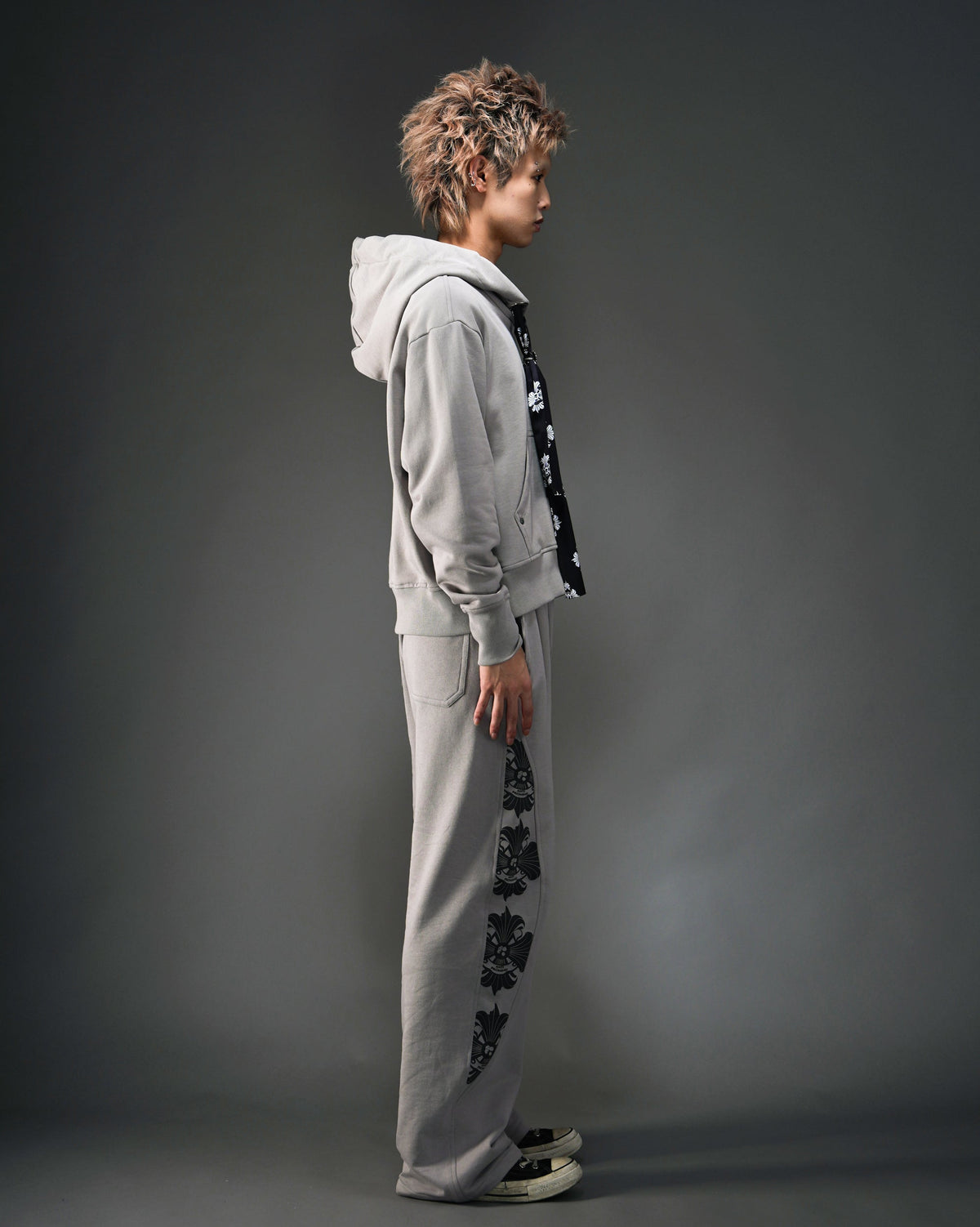 Cropped Wide-Fit Logo Print Scarf Hoodie GRY