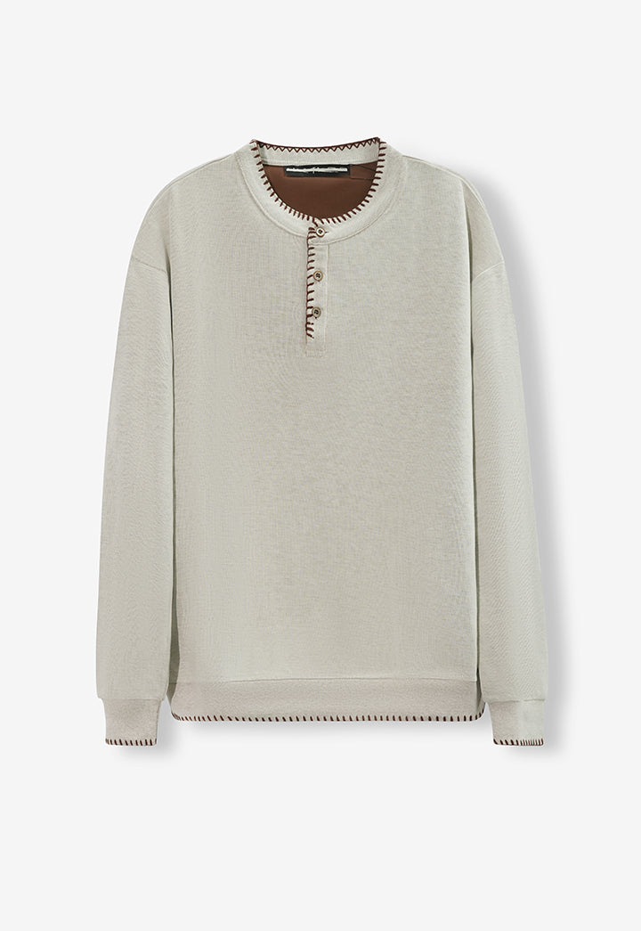 Hand-Stitched Henley Neck Knit Sweatshirt