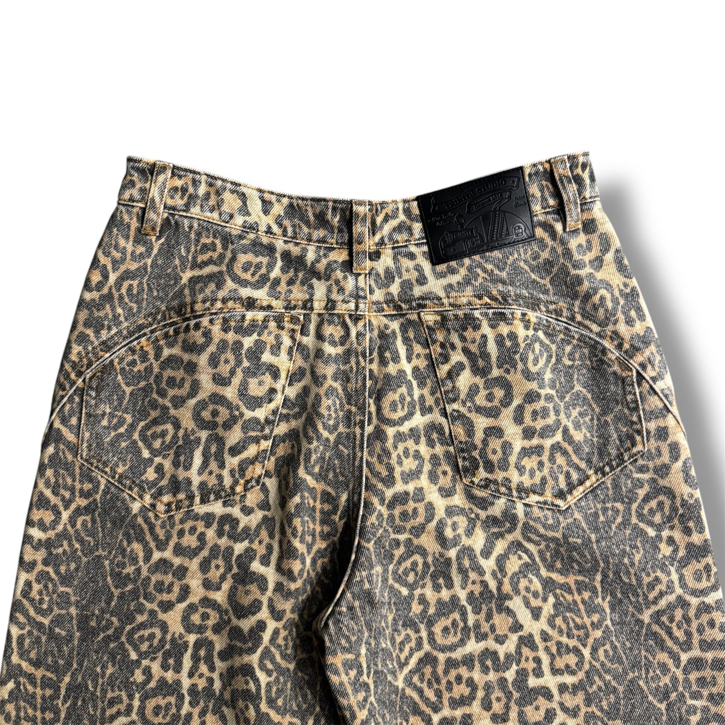 Leopard Print Distressed Denim Wide-Leg Pants