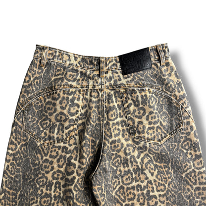 Leopard Print Distressed Denim Wide-Leg Pants