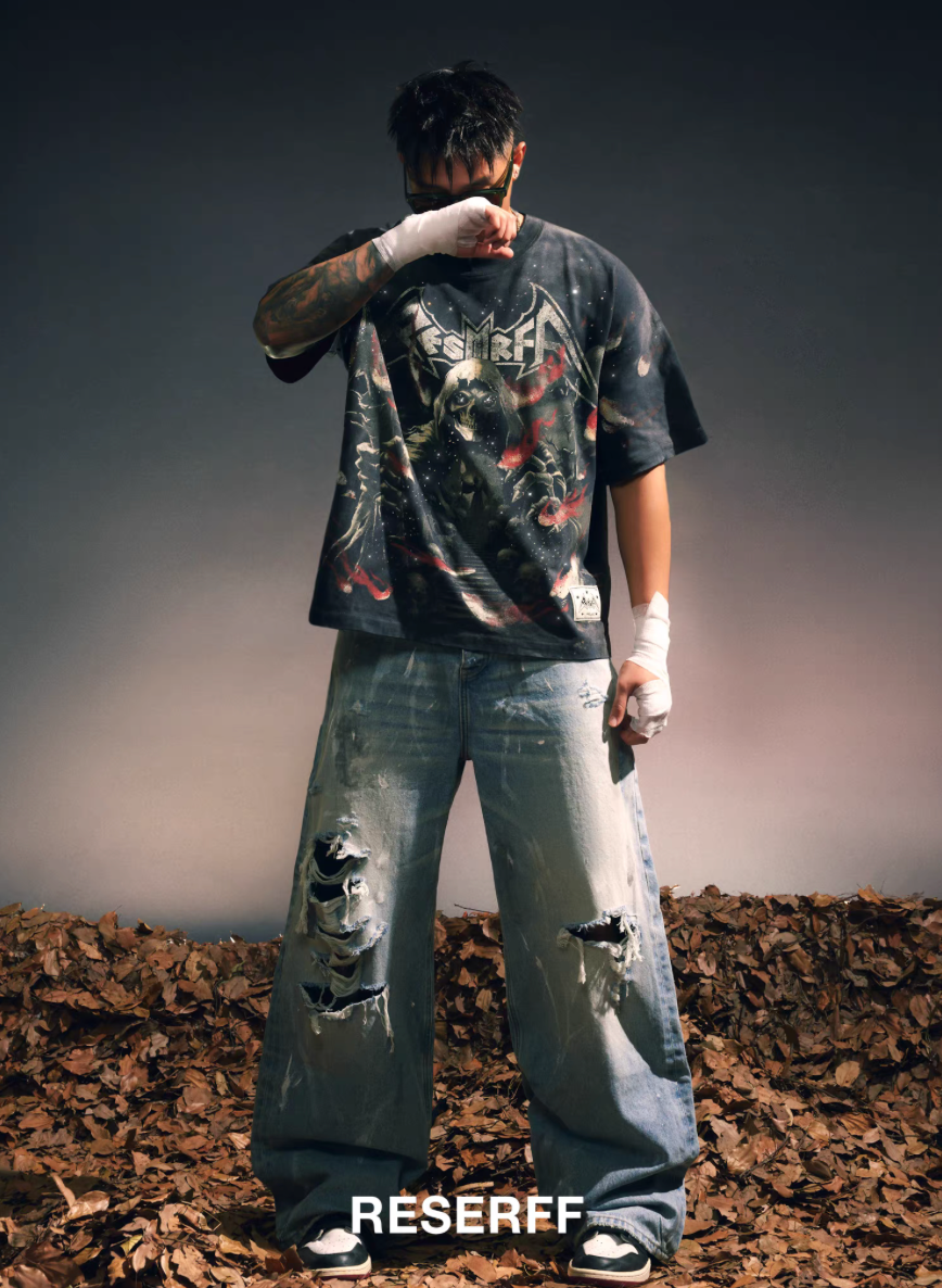 Reworked Distressed Paint Splatter Jeans BLU