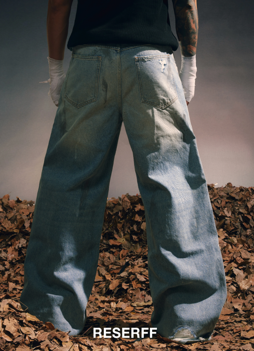 Reworked Distressed Paint Splatter Jeans BLU