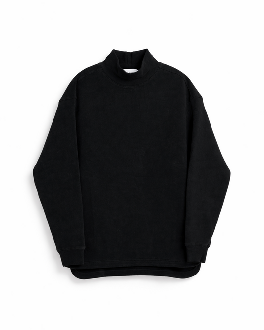 Blended Fabric High-Neck Split Long-Sleeve T-Shirt BLK