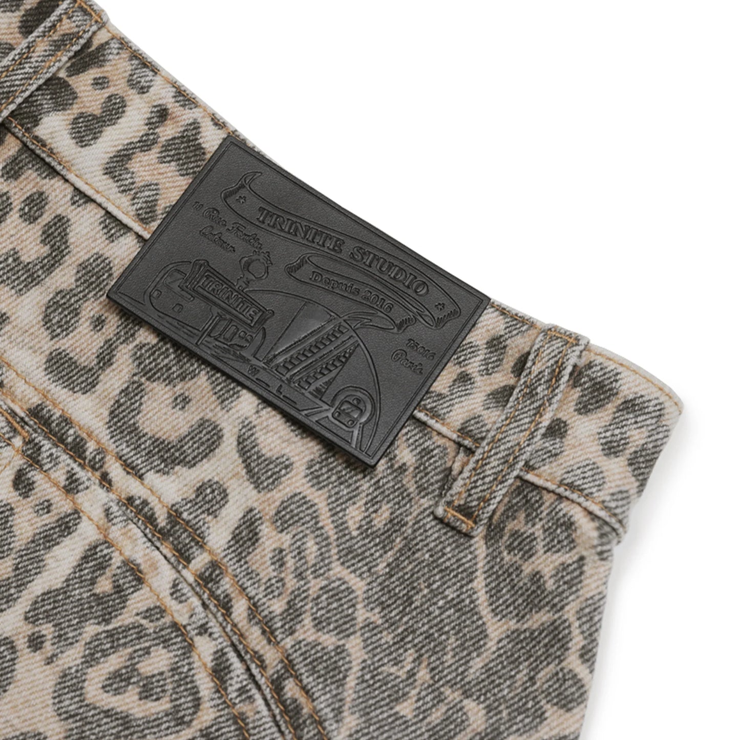 Leopard Print Distressed Denim Wide-Leg Pants