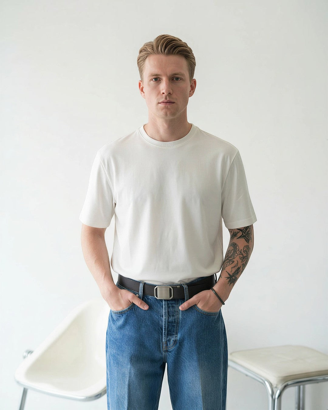BASISMのBossa Denim。リラックスフィットのブルーデニムジーンズ。男性モデル着用。