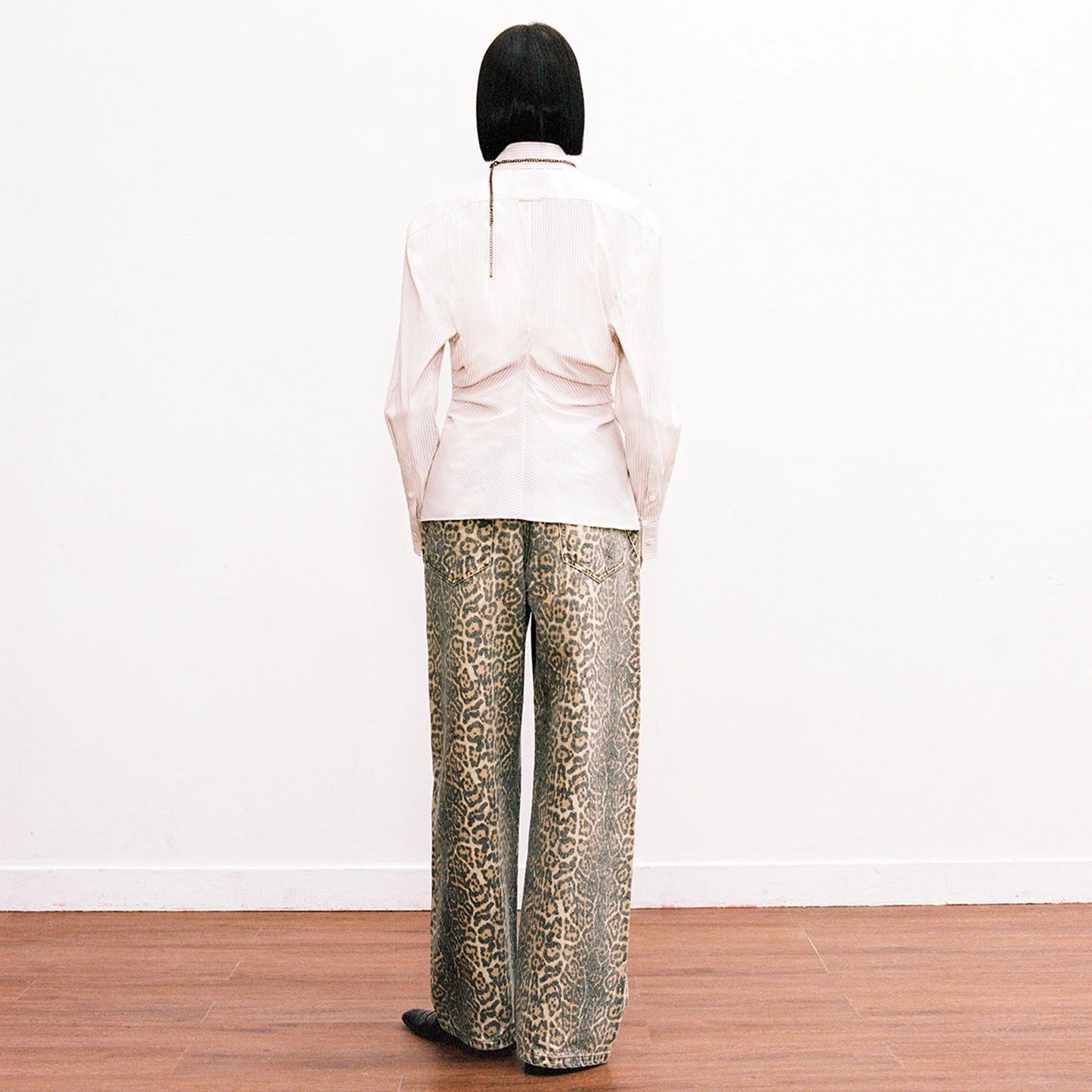 Leopard Print Distressed Denim Wide-Leg Pants