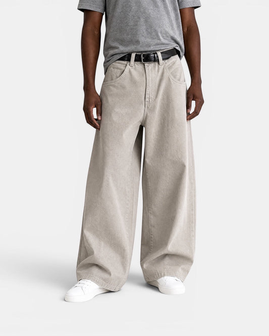 NAMELESS light beige washed cotton denim wide-leg jeans with five-pocket design and button-zip closure.
