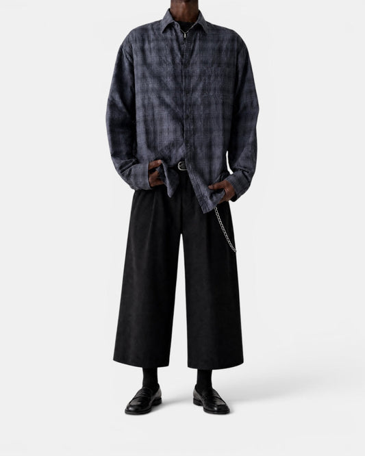 Nameless vintage textured grey checkered long-sleeve button-up shirt worn by a model.