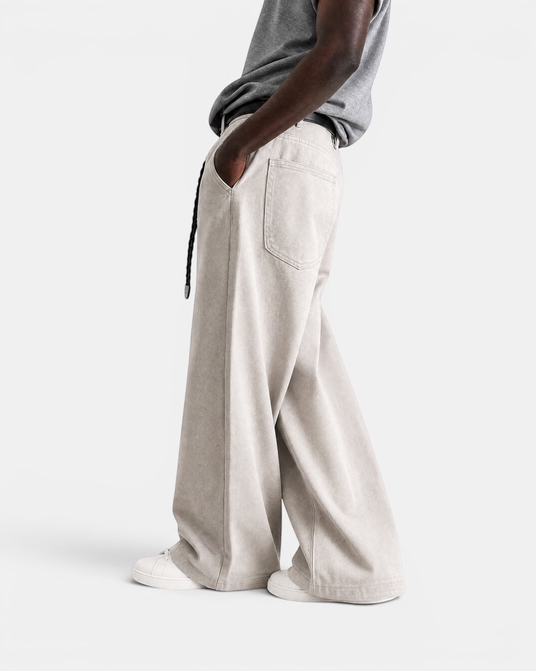 NAMELESS light grey washed denim wide-leg jeans with a drawstring detail and five-pocket design.