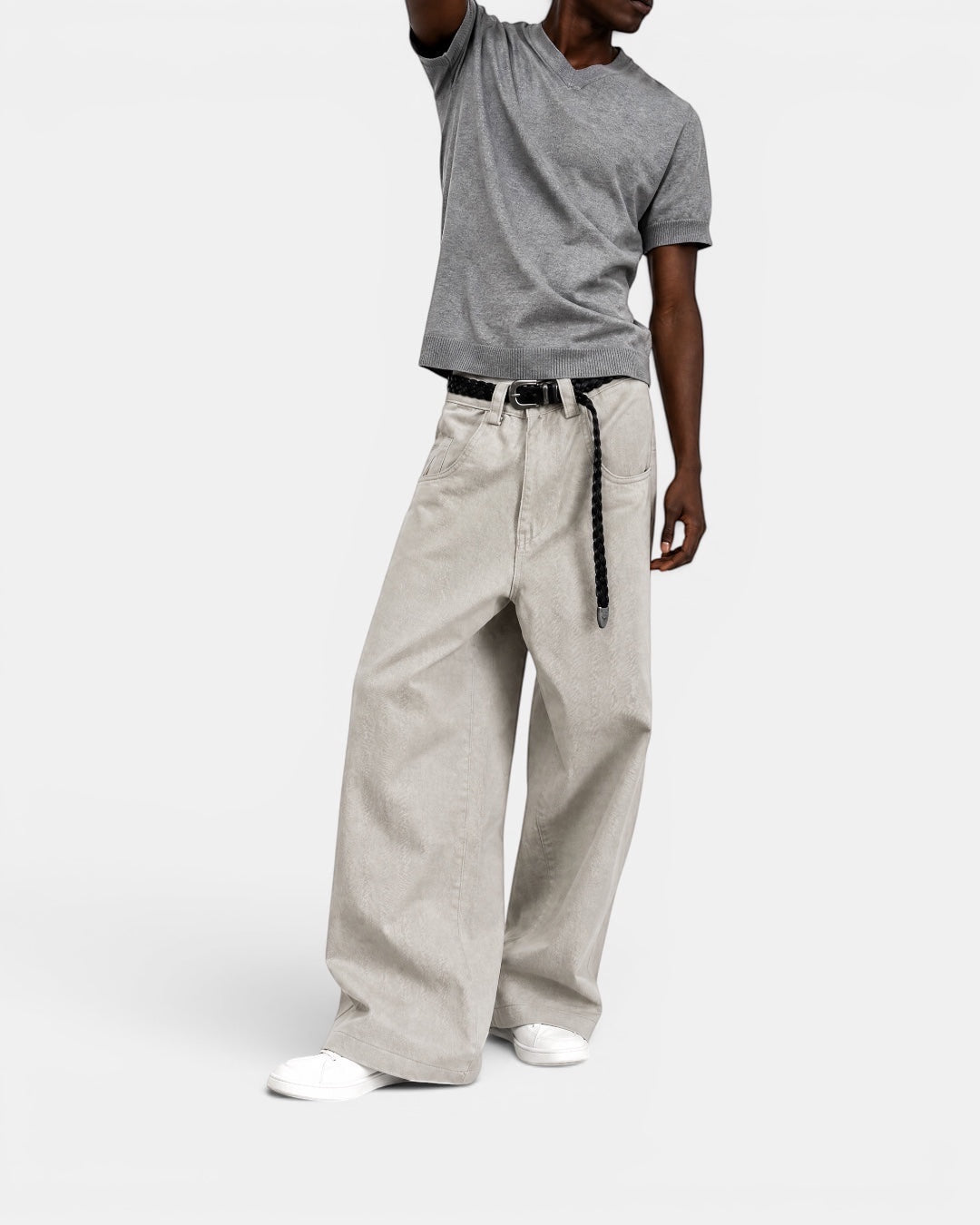 NAMELESS light grey washed cotton denim wide-leg jeans with five-pocket design worn by a male model.