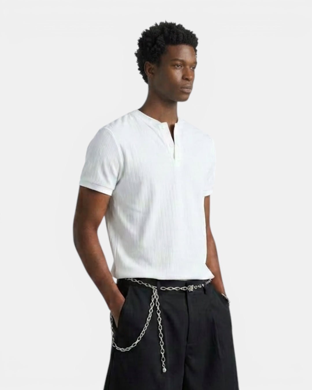Henry Collar Striped Regular-Shoulder Short-Sleeve T-Shirt – (N)SELECT